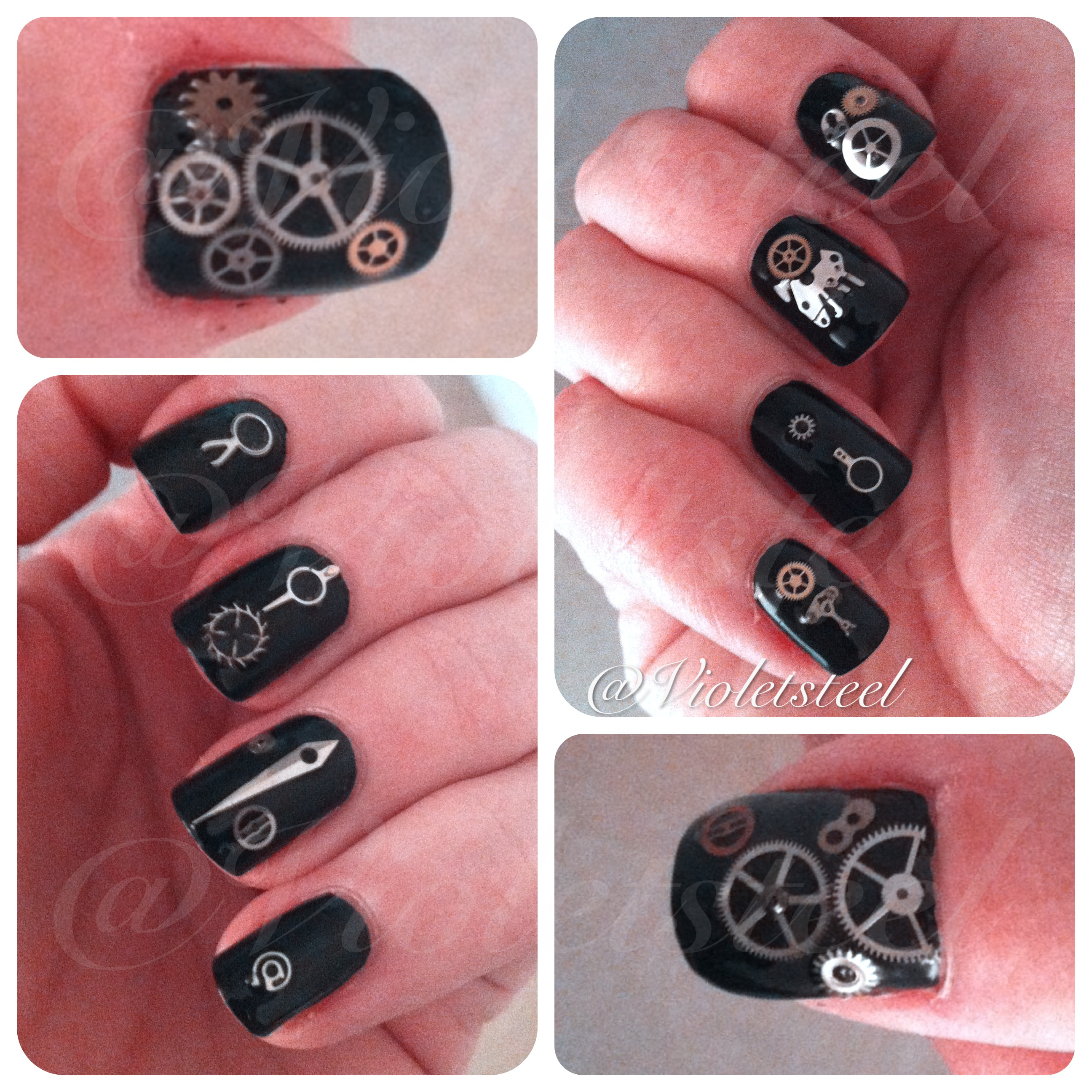 Steampunk Manicure ©Violetsteel. Steampunk manicure created using watch parts.