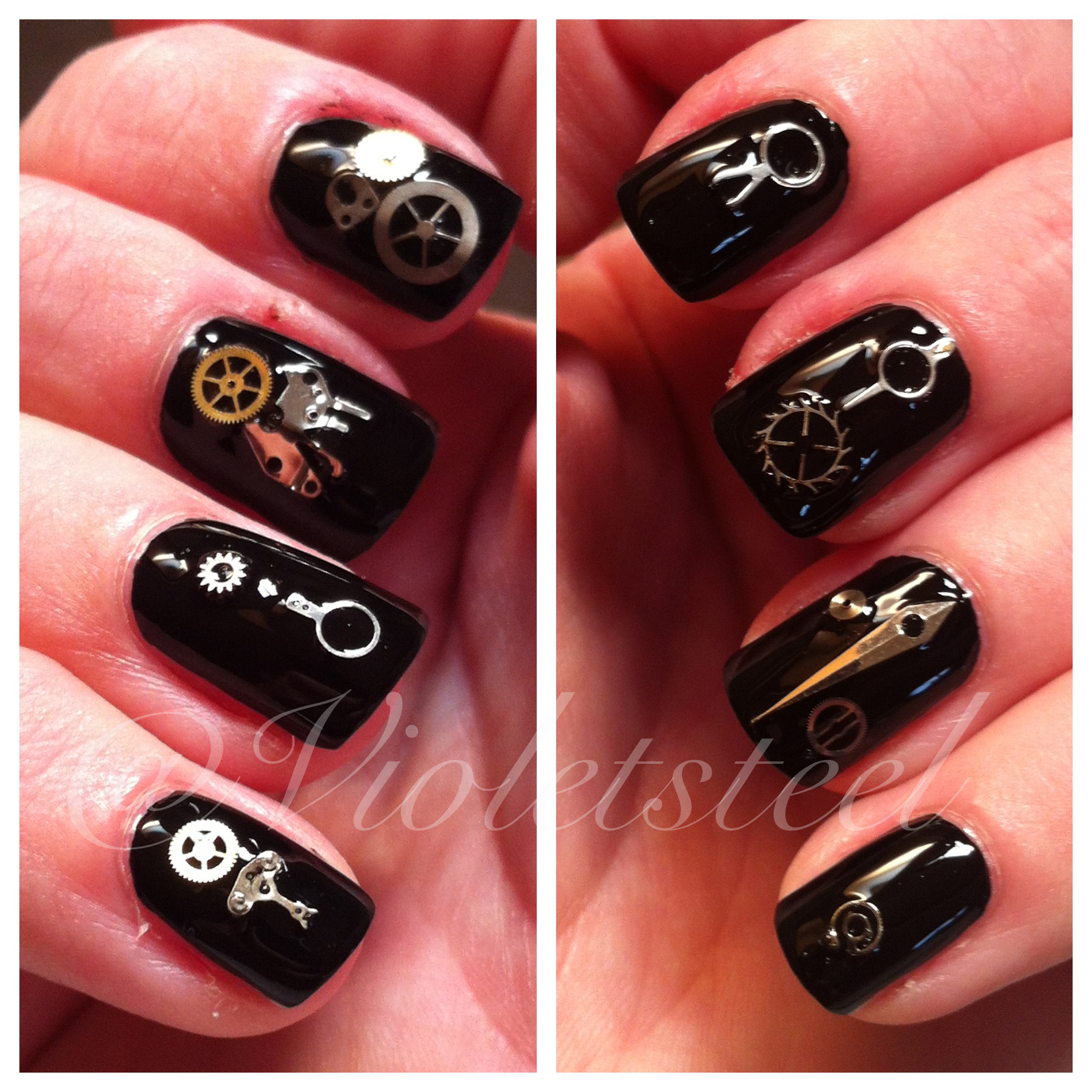 Steampunk Manicure ©Violetsteel. Steampunk manicure created using watch parts.